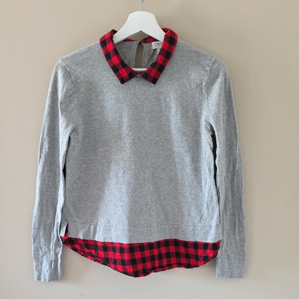 J. Crew Gray Sweater with Red Plaid Accents